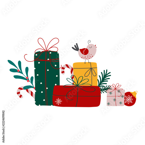 Cute Christmas gift boxes with little bird, candy canes and festive decorations. Hand drawn vector illustration in doodle style