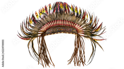 Fotografie Isolated colorful feathered Native American war bonnet with intricate beading an