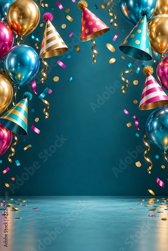 Floating Party Hats and Metallic Balloons on a Deep Teal Birthday Backdrop