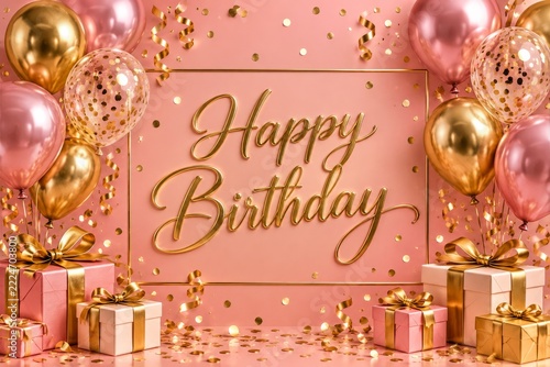 Pink and Gold Birthday Greeting with Metallic Balloons and Wrapped Presents