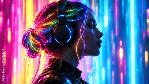 Cyberpunk woman profile wearing glowing headphones with neon hair