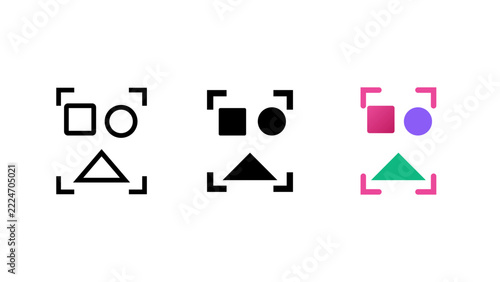 Three variations of a shape scanning including a black outline, a solid black silhouette, and a colorful version on white background