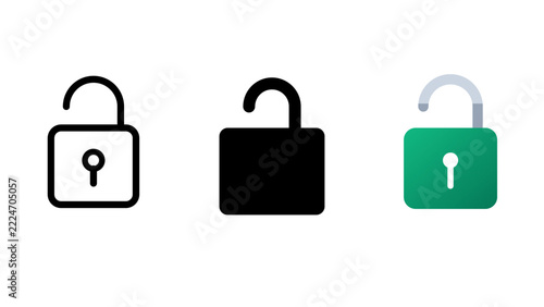 Three variations of an open padlock including a black outline, a solid black silhouette, and a green colored version on white background