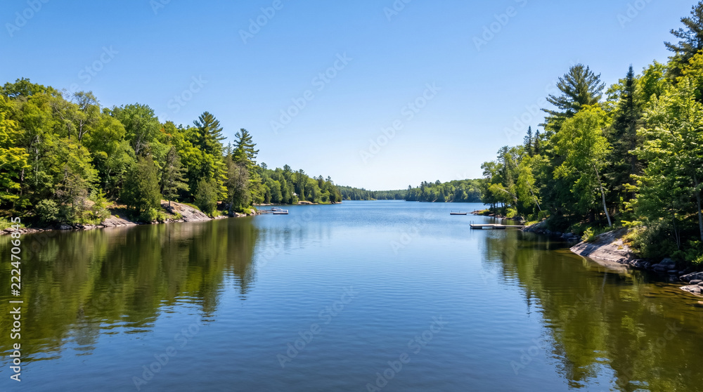 Obraz premium Panoramic lake view with tree lined shores calm water and blue sky in summer. Concept of water reflection, forest shoreline. Copy space.