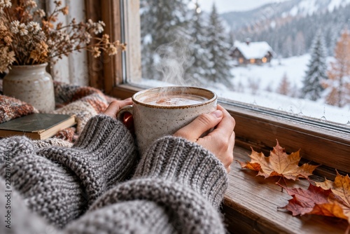 Hands in gray knitted sleeves cradling a mug beside a snowy window