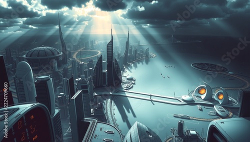 Futuristic Coastal Metropolis Under Dramatic Sky