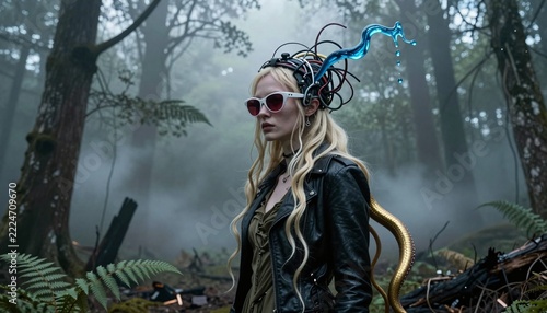 Cyberpunk Forest Visionary with Biomechanical Headgear