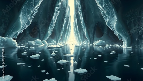 Icy Cave with Floating Icebergs and Ethereal Light