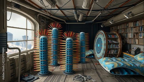 Futuristic Sci-Fi Interior with Spiky Art Installations and Circular Bookshelf
