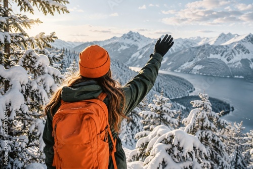 Woman with an orange hat raising a gloved hand in a snowy evergreen forest