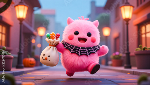 A fluffy pink monster cheerfully carries candy in a bag down a charming, Halloween-themed street.