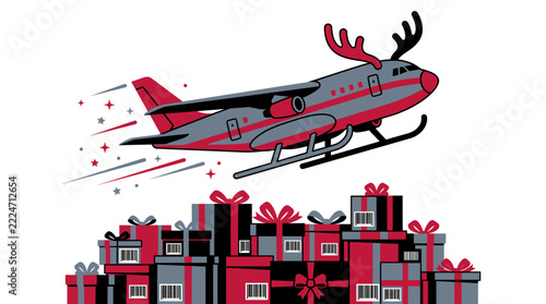 Holiday Shipping Reindeer Plane Jet Presents Gift Boxes Christmas Air Cargo Sleigh Express Delivery Flight Ecommerce Logistics Festive Transport Mail Pile Winter Retail Vector Illustration