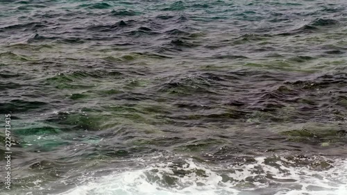 A close-up view of ocean waves with varying shades of blue and green indicating the presence of algae or other organic matter