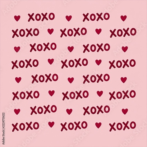 Gentle pink repeating pattern with hugs and kisses letters and small hearts
