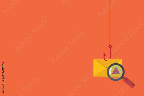 Data phishing, hacking online scam concept. Fishing by email, envelope and fishing hook.