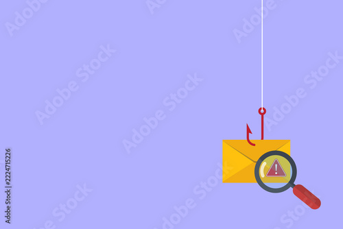 Data phishing, hacking online scam concept. Fishing by email, envelope and fishing hook.