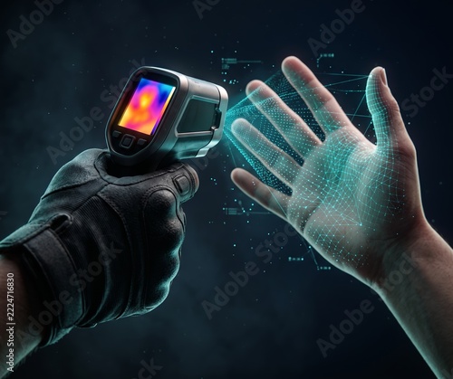 Gloved hand holding a handheld thermal imaging camera scanning an open palm covered by a glowing teal mesh, thermal scanning, body temperature screening and infrared technology concept
