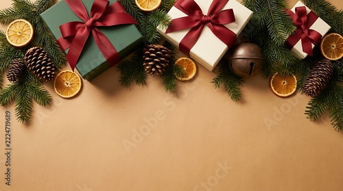 Luxury christmas elegant christmas luxury christmas Gift Boxes with Ribbons Pine Cones Dried Oranges and Bell on Beige
