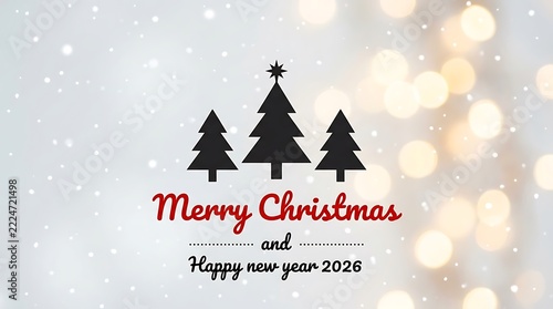 Three Christmas trees with bokeh lights and falling snow for Merry Christmas and christmas typography christmas lettering christmas text design