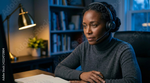 Professional African American psychologist in home office, perfect for telehealth platforms, mental health awareness campaigns, crisis hotline websites, and professional medical services marketing