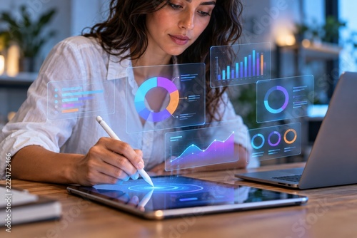 Woman Using Stylus and Tablet with Floating Colorful Analytics Cards