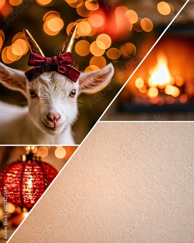 Adorable goat with glittery red velvet bow against warm gold lantern bokeh and soft firelight glow, framed by textured paper border and empty area for Chinese New Year of Goat greeting