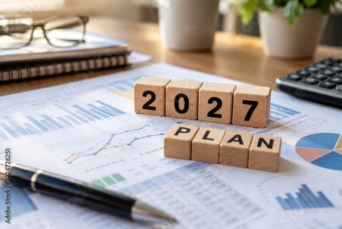Wooden Year and Plan Blocks on Printed Financial Charts with Shallow Focus