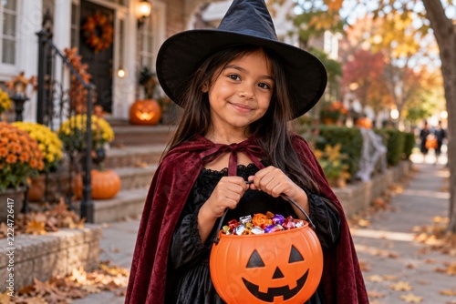 Smiling girl in a witch costume holding a pumpkin bucket filled with candy