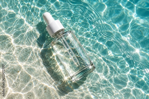 Clear Serum Dropper Bottle on Turquoise Water with Ripples and Sunlight