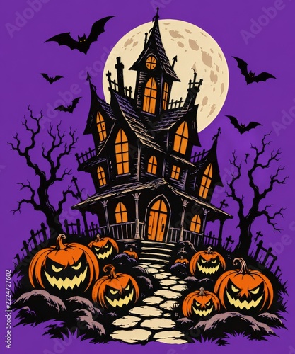 Haunted house and grinning pumpkins in a violet Halloween graphic design