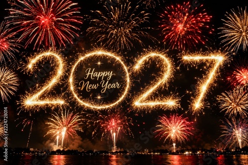 Golden Sparkler Year Numerals around a New Year Greeting with Fireworks
