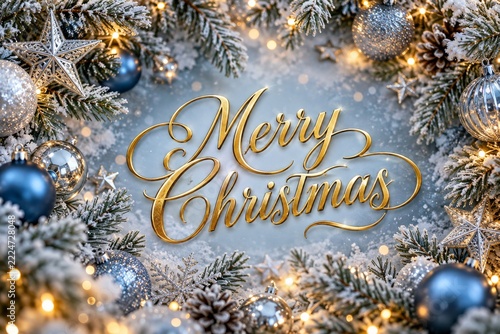 Golden Christmas Greeting in an Icy Blue Frame with Silver Stars