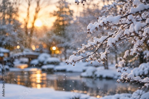 Delicate Snow Covered Branches against a Soft Winter Background with Golden L...