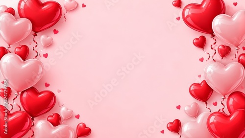 Pink and red heart balloon border framing a soft romantic banner background