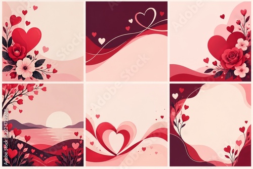Six Elegant Valentine Card Templates with Hearts and Romantic Floral Designs