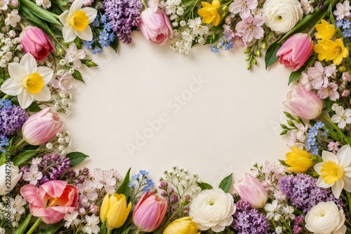 Colorful spring flower frame surrounding blank cream paper in flat lay