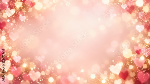 Soft pink and gold Valentine bokeh background with delicate glowing hearts