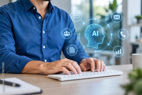 Person Typing on White Keyboard Beneath Intelligence Communication Icons