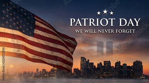 American Flag Waving with New York City Skyline and Twin Towers Silhouette at Sunrise Patriot Day 9/11