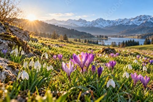 Purple crocuses and white snowdrops in a green meadow at golden sunrise