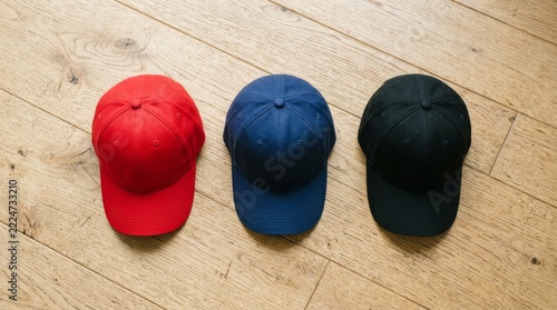 Three colorful baseball caps sit in a row on a light wood floor.