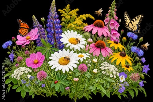 Colorful Meadow Flowers with Butterflies and Bees on a Transparent Background