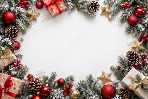 Frosted Fir and Christmas Gifts Forming a Festive Border around White Space