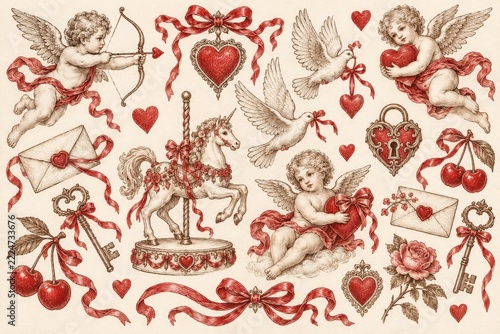 Vintage Valentine Sketch Elements with Angels Hearts Keys and Cherries