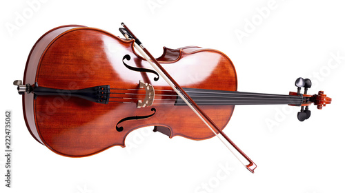 Isolated wooden cello with bow resting on a beautiful classical string instrument
