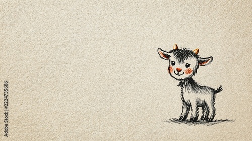 Warm beige background featuring friendly cartoon goat with black and white fur, clean line shading, and cozy lunar spring vibe for Chinese New Year and Year of Goat festive greetings. Copy space.