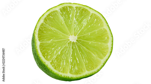 Isolated fresh juicy green lime fruit half slice showing vibrant citrus pulp and peel