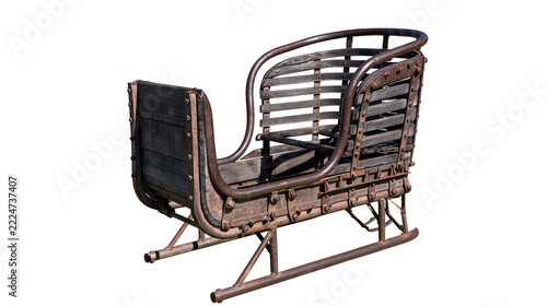 Isolated vintage wooden and rusted metal sleigh, a classic winter transportation object