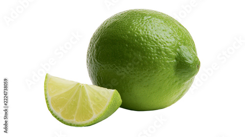 Isolated whole green lime and a fresh juicy citrus fruit slice ready for a refreshing drink