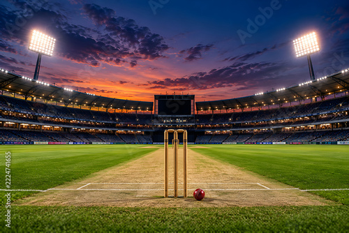 Cricket pitch wickets and ball resting on turf inside magnificent illuminated stadium during sunset